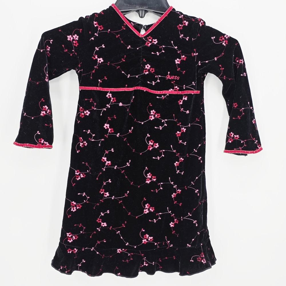 Y2K‎ Guess Kids Girls Black Velvet Floral Print Long Sleeve Dress 4T